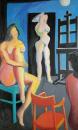 Three nudes in the studio with chair red, green