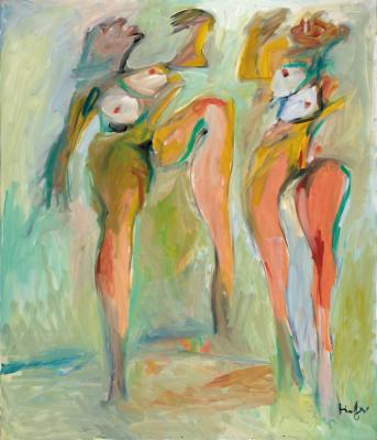 Two colourful dancing nudes