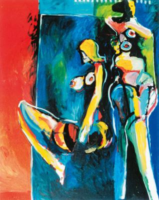 Zwei Akte vor bunten Leinwänden