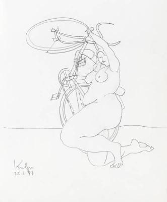 Kneeling nude with bicycle