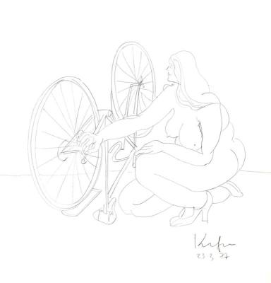 Nude at bicycle repair