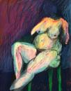 Headless partial nude on green chair