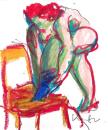 Bunter Akt mit Bein auf rotem Stuhl