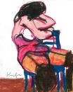 Crouching partial nude on blue chair