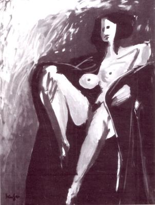 Sitting nude with black coat