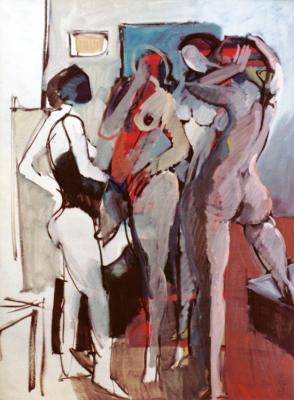 Four standing nudes in the studio