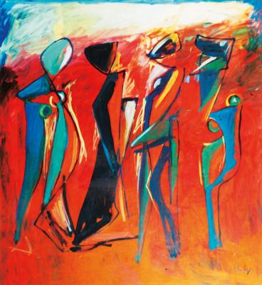 Four abstract figures on red