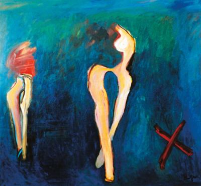 Two nudes on blue with a red X