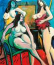 Three nudes with easel