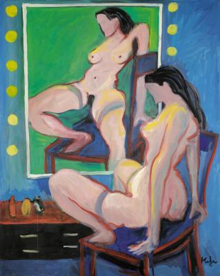 Nude with spread legs in front of mirror