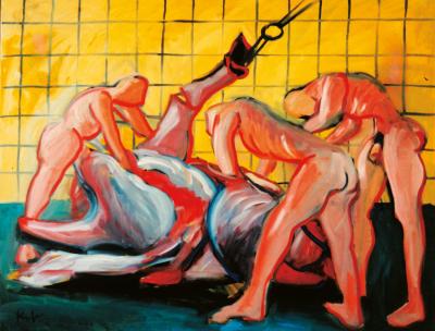 In the slaughterhouse, male nudes in front of yellow tile wall