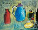 Still life with blue jar and yellow cup
