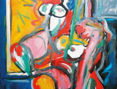 Colourful partial nude with easel