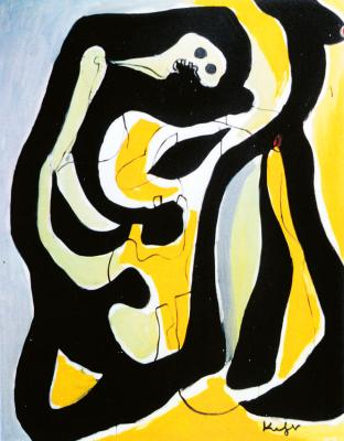 Two abstract figures on yellow, black